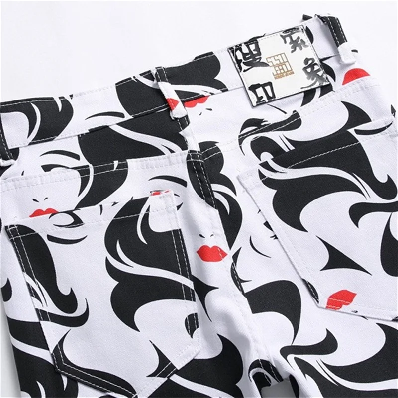 Summer Red Lip Beauty Design Jeans Men's Cotton Soft Small Straight High Street Personalized Slim Fit Pants Motorcycle 2023 New