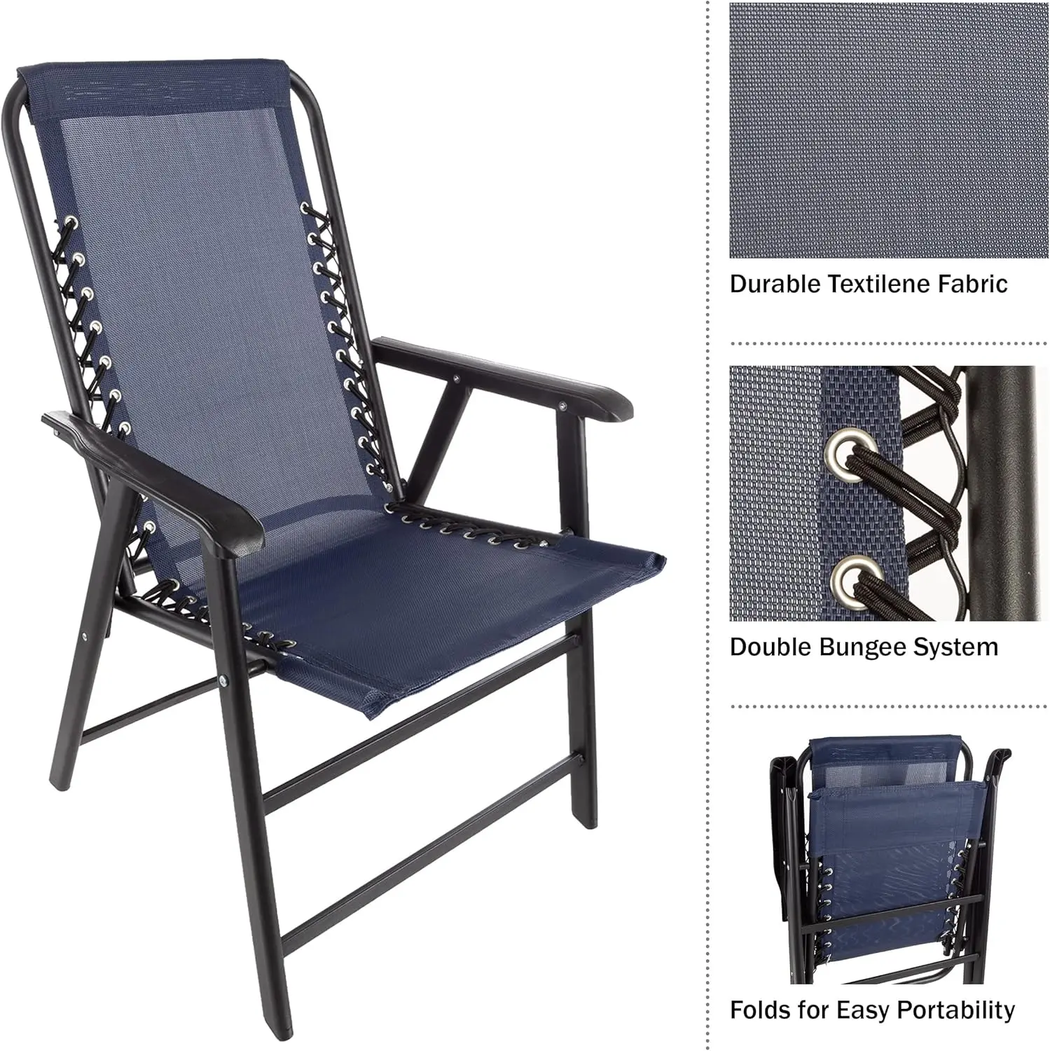Folding Camping Chairs. Set of 2. Lawn Chairs. Textilene Fabric. Bungee Suspension. Portable. Navy.