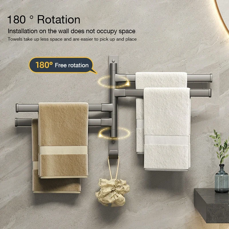 Rotating towel rack bathroom towel storage rack bathroom corner punch-free hanging rod single rod space aluminum