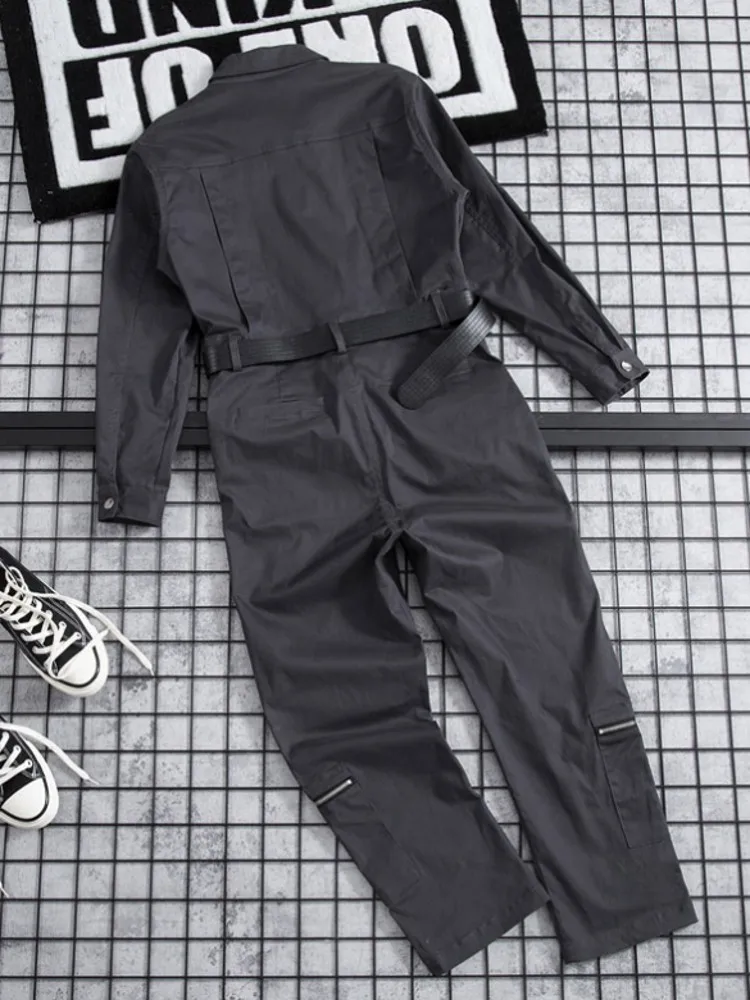 Overalls Set Men Lovers Cargo High Street Solid Color Loose Full Sleeve Zipper Straight Pants M-2XL
