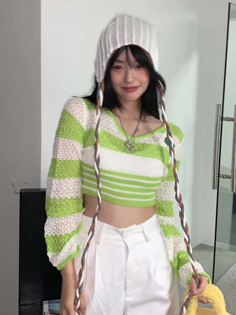 

Y2k Harajuku Sweater Women Knitted Striped Pullovers Long Sleeve Strretwear Crop Tops American Retro Sweater Female