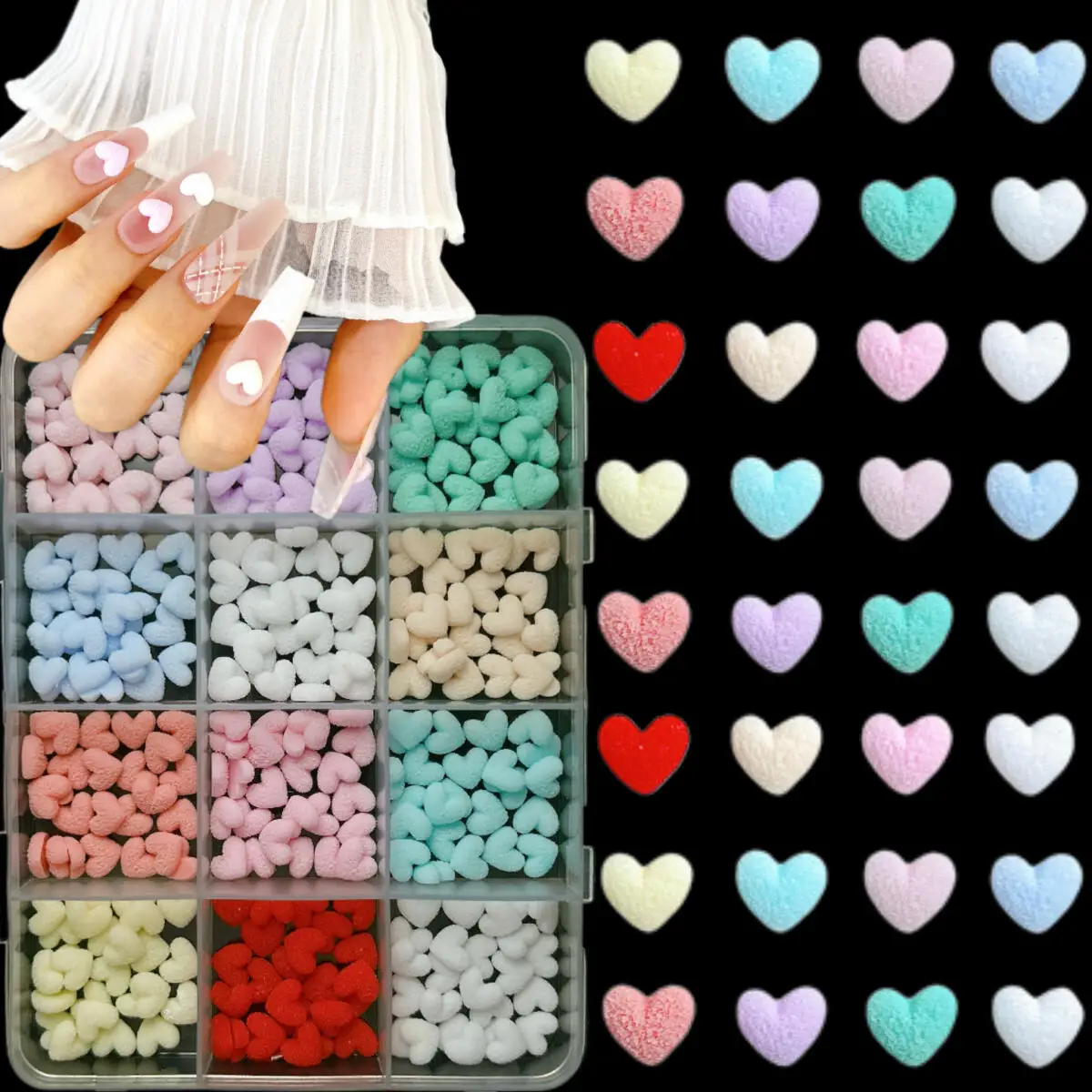 1박스 3D 매트 발광 복숭아 하트 레진 네일 아트 장식 단색 미니멀리스트 하트 네일 참 DIY 귀걸이 네일 부품