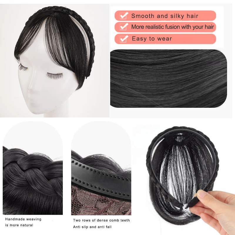 LUPU Elegant Synthetic Hair Extension Band Black Brown Braided Hairband Lightweight Fluffy Front Hair Piece for Women