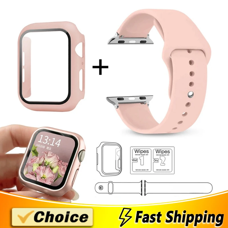 Glass+Case+Strap for Apple Watch Band 42mm 44mm 41mm 40mm 38mm  45mm 49mm Screen Protectors for Apple IWatch Series 8 7 6 SE 5 4