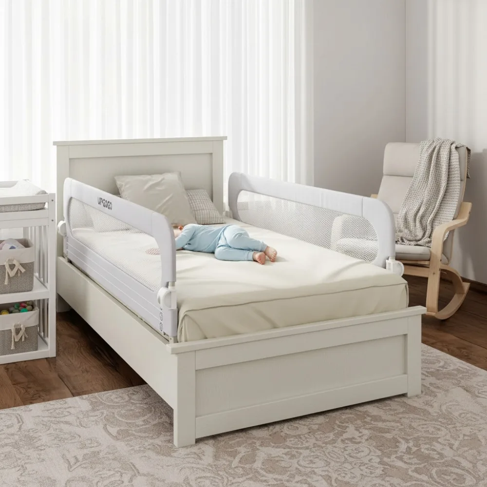 Foldable Toddler Bed Rail Guard with Safety Lock Fits Twin to King Beds Easy Installation Grey