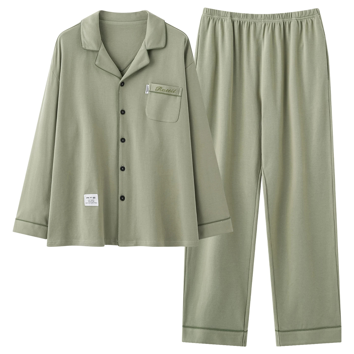 طقم بيجامة رجالي من Healing Lake Green 100% مع جيب على الصدر وحزام خصر مطاطي (ملابس مريحة ناعمة قابلة للتنفس)