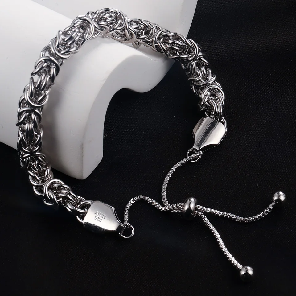S925 Sterling Silver Byzantine Chain Bracelet Adjustable