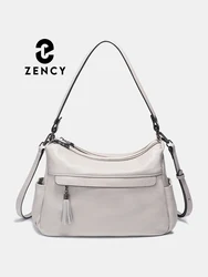 Zency Beige Bag 100% Genuine Leather Soft Hobo Shoulder Bag Women's Handbags Trendy Crossbody Bag Tassel Designer Underarm Bags