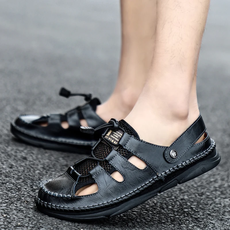 

Genuine Leather Men Sandals Summer Men's Sandals Men breathable handmade sewing Sandals Fashion Sandals men Slippers big size 48
