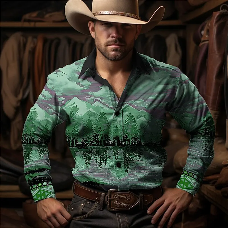 Denim Shirt Cactus Denim Retro Western-style Men Outdoor Street Casual Autumn and Winter Lapel Long-sleeved