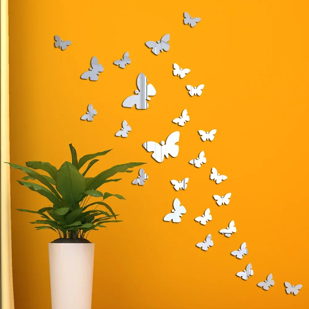 36PCS/Set Mirror Butterfly Pattern Wall Stickers DIY Background Living Room Bedroom Stickers Garden Style 3D Cafe Window Flowers