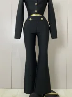 2025 New High Quality Golden Buttons Short Coat Top And Flare Pants  Bandage 2 Pieces Set Woman Celebrity Evening Party Vestidos - Image 6