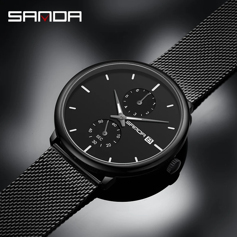 SANDA Luxury brand Watches men Stainless Steel Mesh strap Quartz-watch Ultra Thin Dial Male Clock man relogio masculino P1115