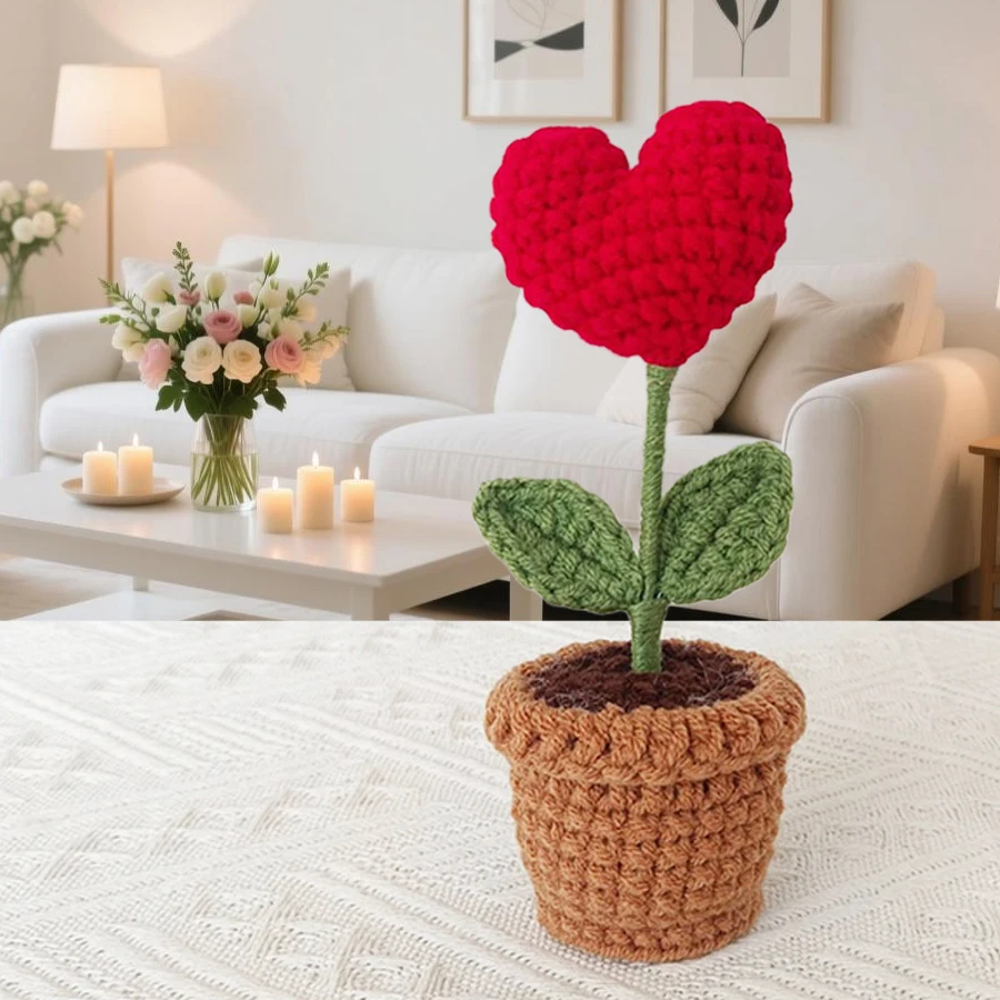 Warm and Romantic Small Ornaments, Hand-Crocheted Red Heart Roses, Small Potted Plants, Window Sills, Desktops, Bedrooms, Living Rooms, Study Rooms, Decorations, Birthday, Wedding, Proposal Decorations, Birthday, Valentine's Day Gifts