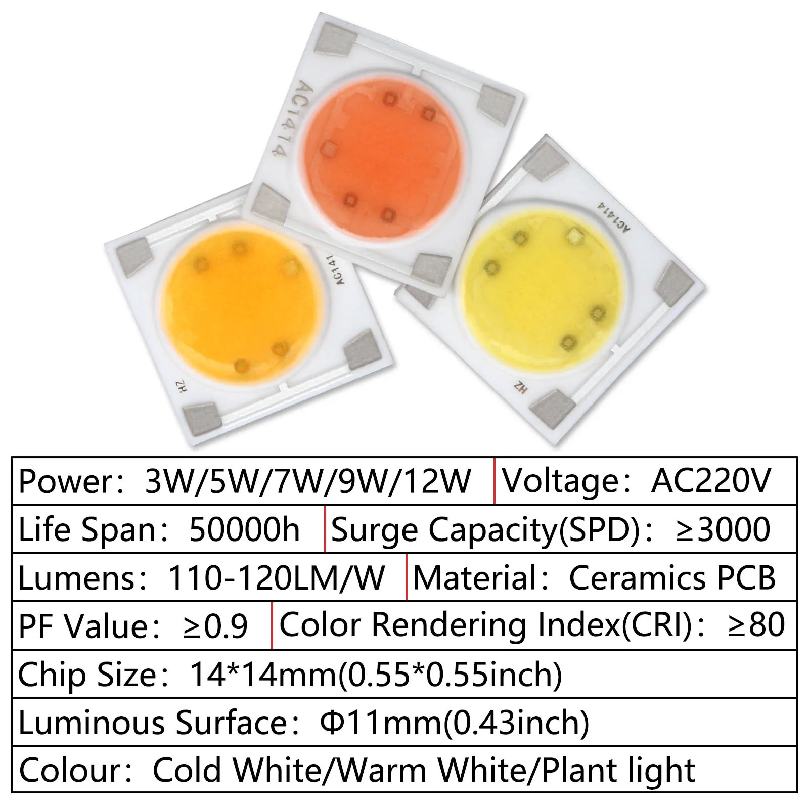 10Pcs LED COB Chip Light 9W 7W 5W 3W 220V Input Smart IC