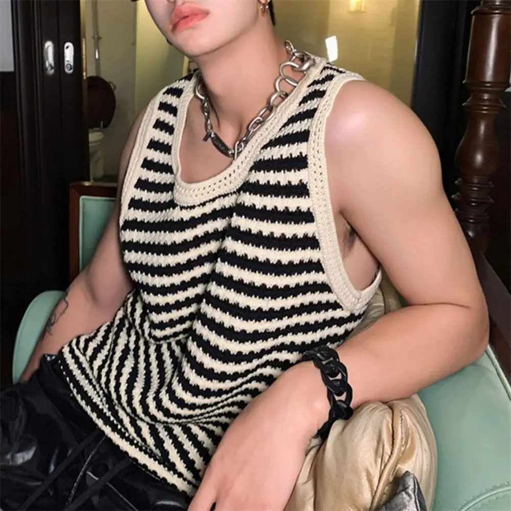 

Жилетка мужская Трикотажная в полоску, Свободный пуловер без рукавов, повседневная спортивная уличная одежда, топ контрастных цветов, с круглым вырезом, на лето
