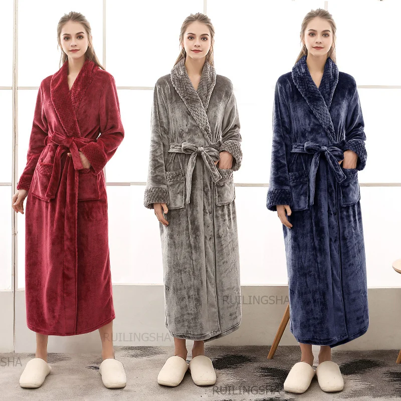 Albornoz Largo De Felpa Para Mujer - Cálido, Con Capucha Y Bolsillos