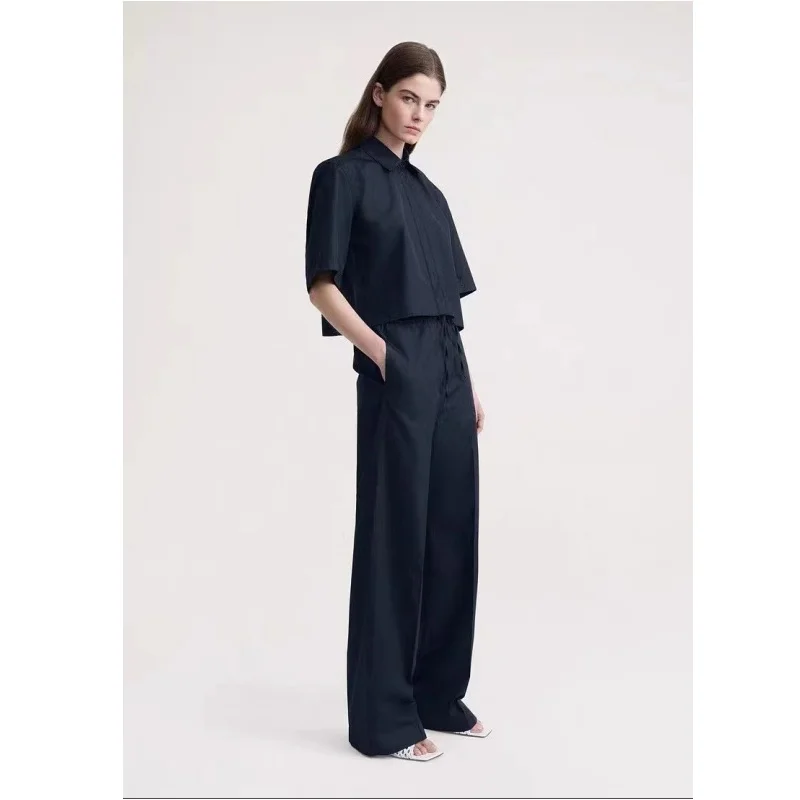 

Minimalist Casual Versatile Loose and Slimming Lapel Short Shirt and Wide Leg Drawstring Pants Set, Nordic, TOT