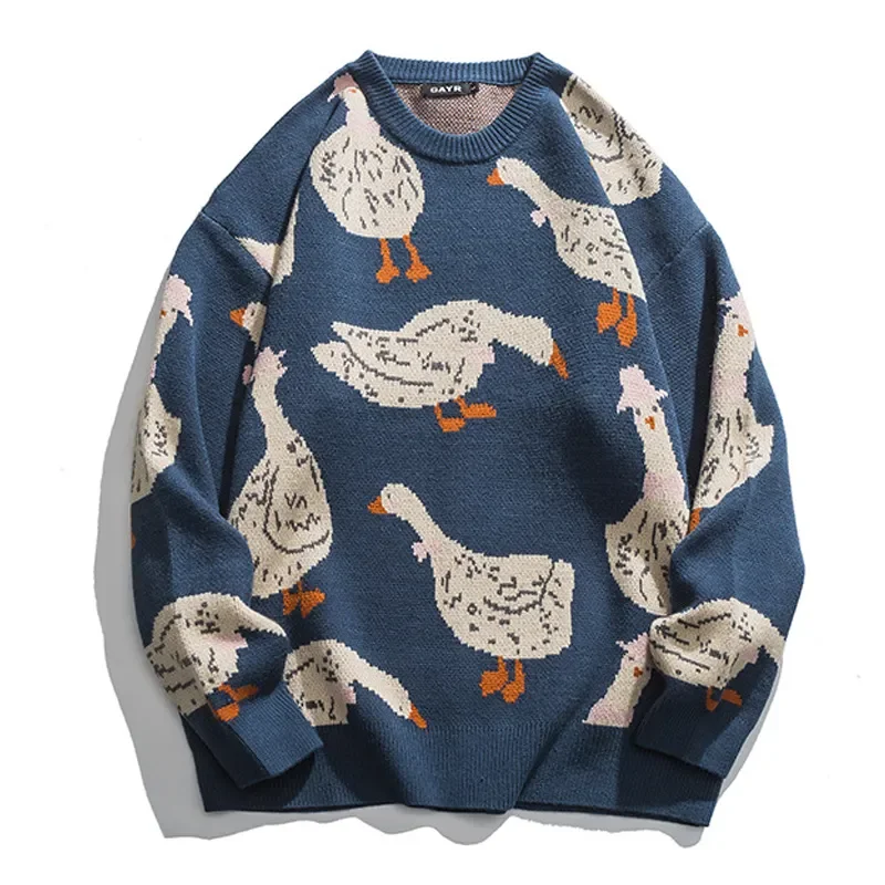 

Fall Unisex Japanese Knitted Sweater Men Cartoon Animal Duck Goose Print Pullover Harajuku Casual O-neck Oversize Top Streetwear