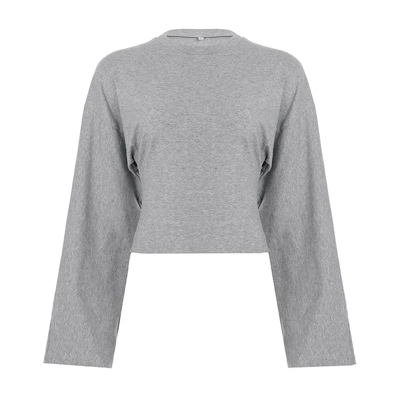 Spring and Summer Women's New Round Neck Long-sleeved T-shirt Elegant Waist Solid Color Women's Loose and Versatile Casual Top