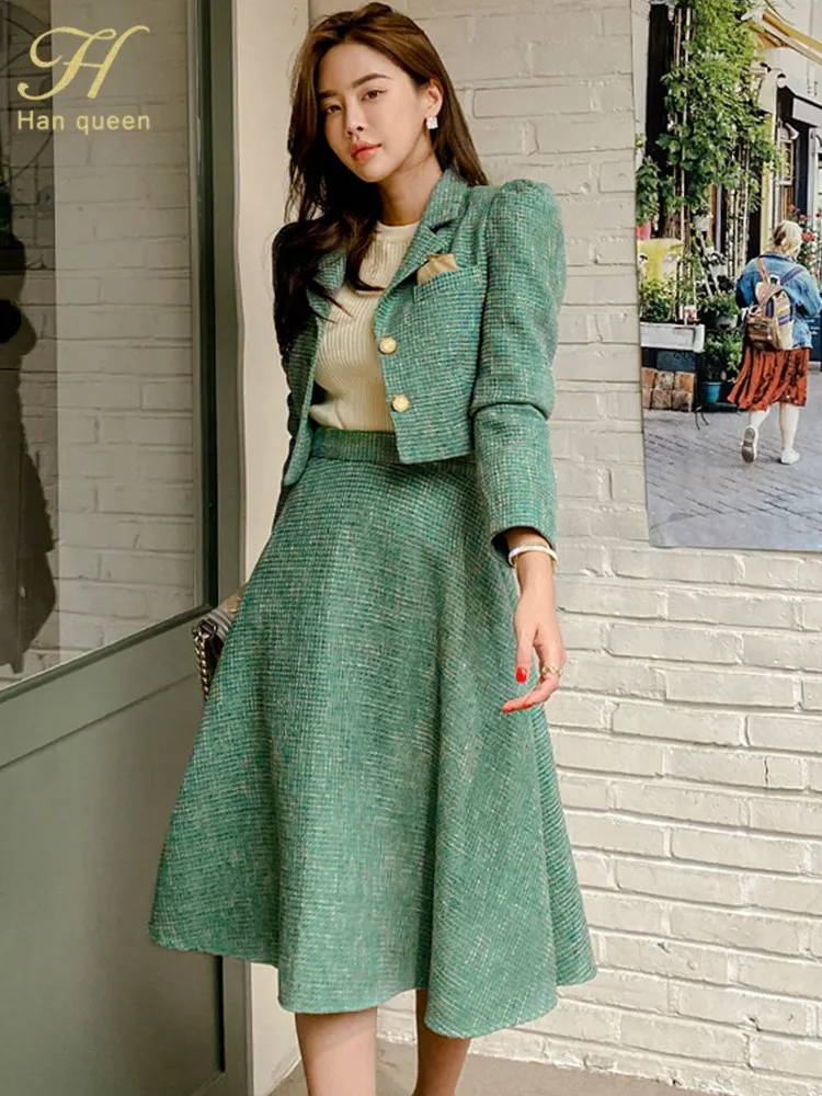 

H Han Queen Winter Designer Lady Skirt Suit Elegant Korean Version Woolen Short Coat +Big Swing Casual Evening Party 2-piece Set