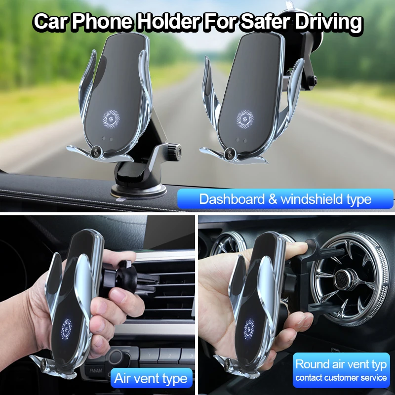 Universal Car Cell Phone Holder Bracket 15W Wireless Charging Handsfree Phone Holder In Car, For Dashboard Windshield Vent