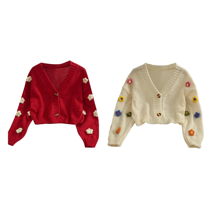 

Women 3D Colorful Flower Short Cardigan V-Neck Button Down Knit Crop for Ja N7YE