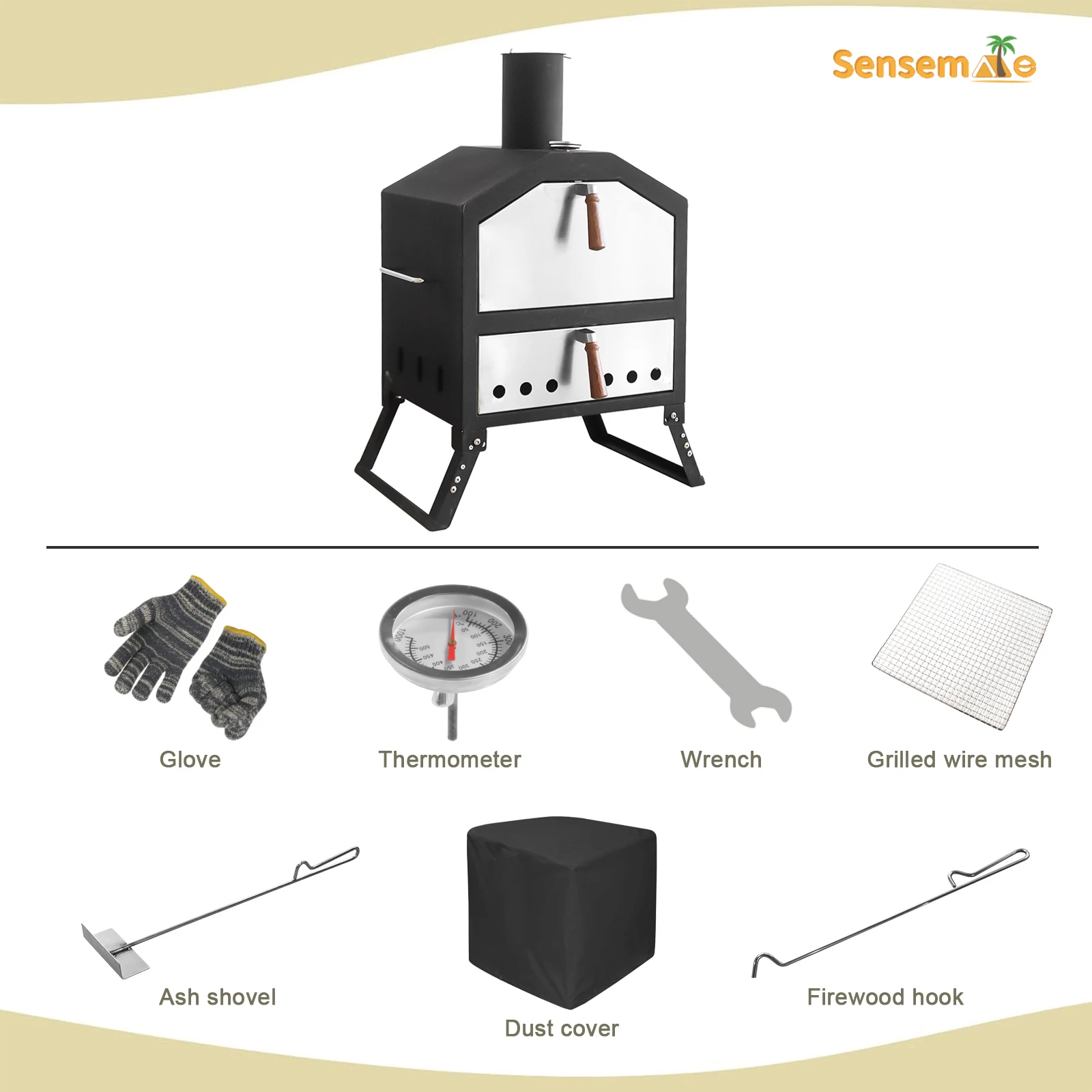 Forno per pizza a legna da esterno portatile per campeggio nel cortile Macchina per pizza in acciaio inossidabile con termometro incorporato per carne da barbecue