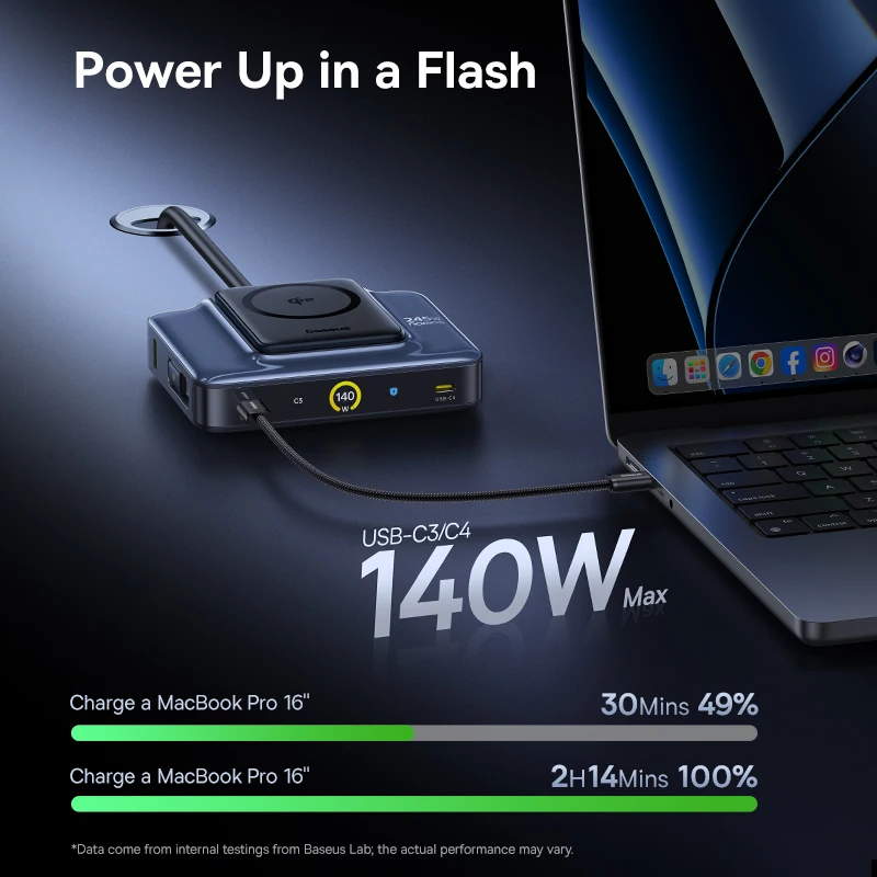 Baseus 245W Desktop Charger Tablet Fast Charger Qi2 Wireless Charger Retractable Cable USB C Phone Charger For iPhone 17 Samsung