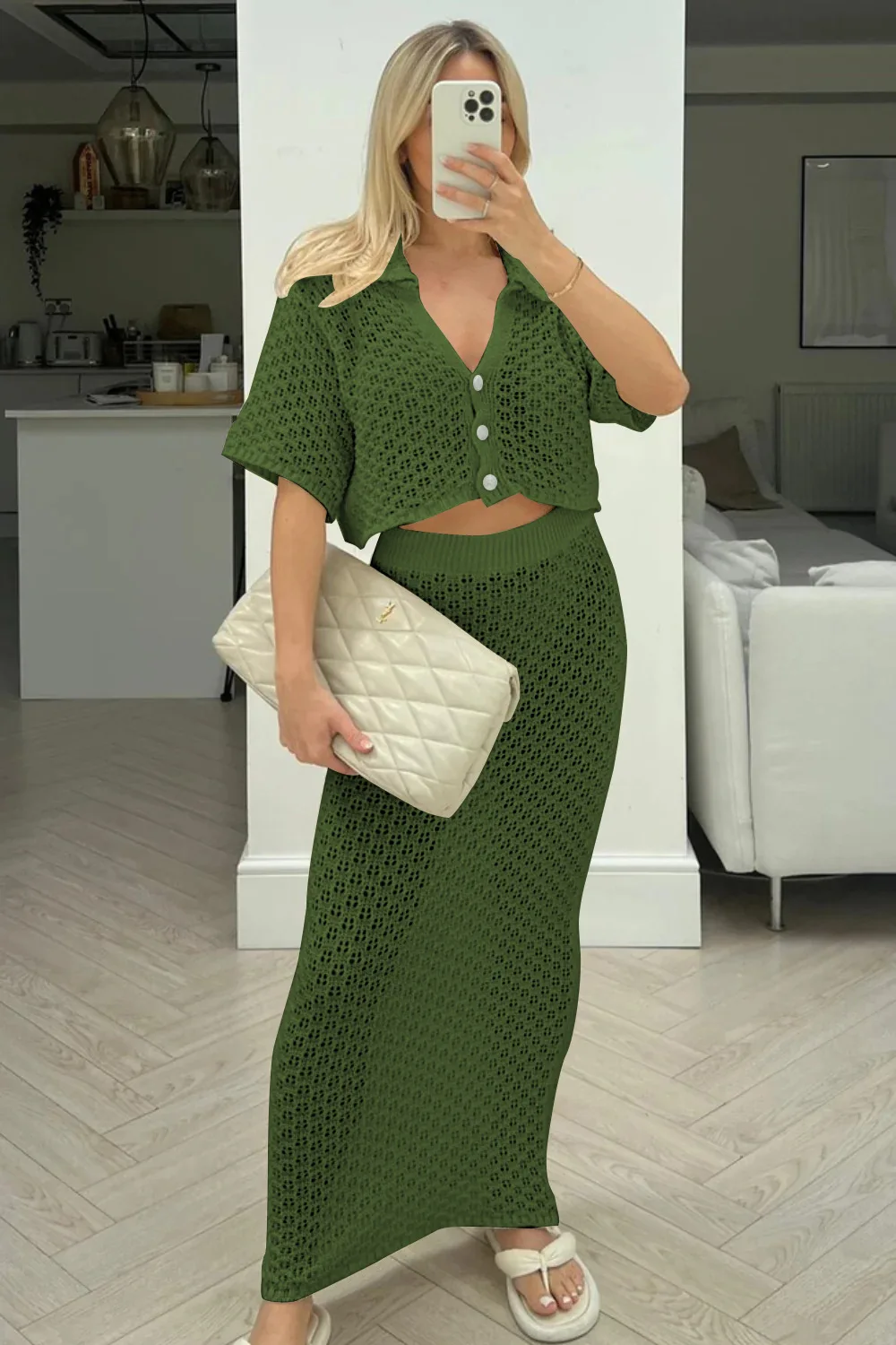 Knit Hollow Out 2 Piece-Set Long Skirt Women's Cropped Top Cardigan And High Waist Maxi Skirt Outfits Female Clothes
