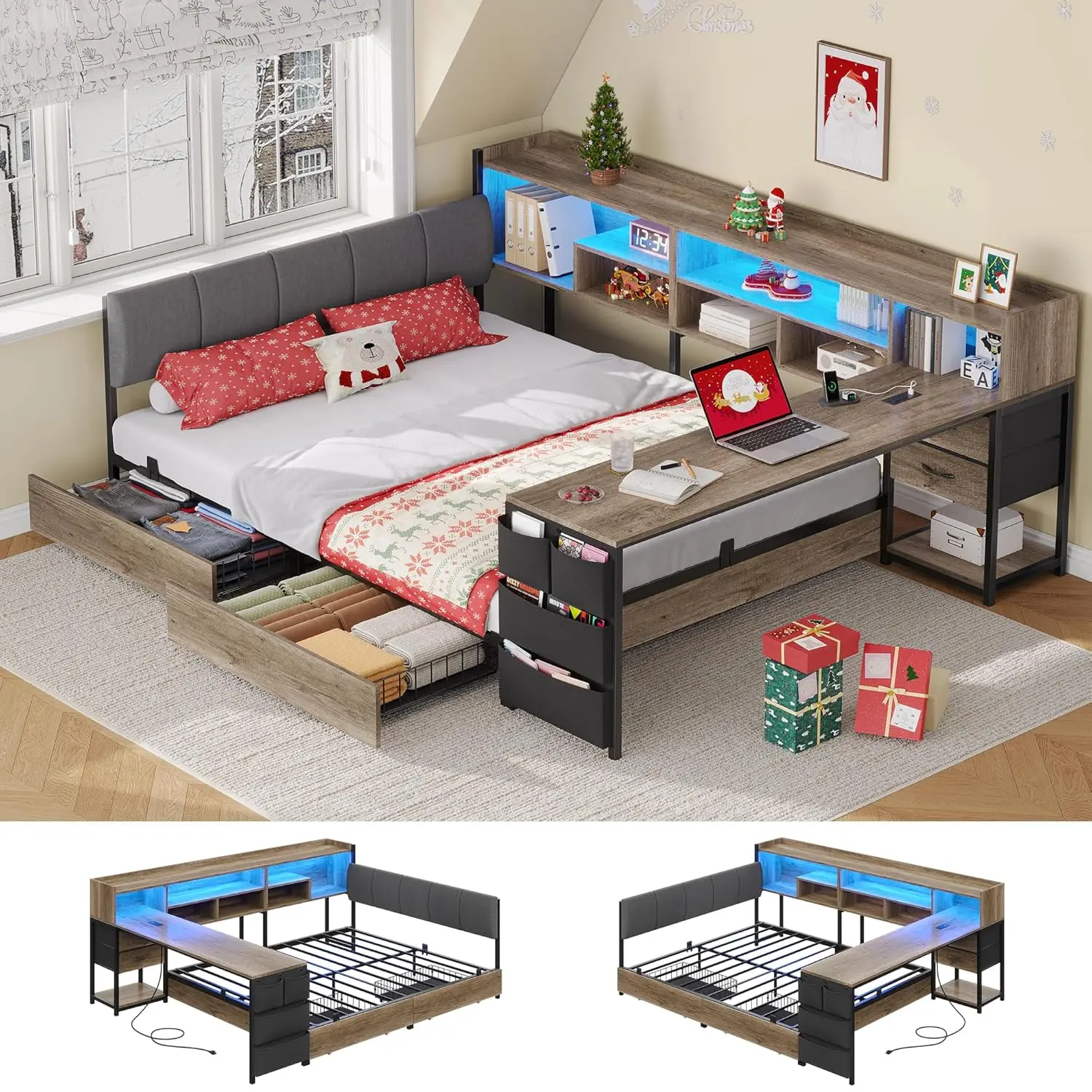 Space-Saving Corner Bed Frame Full Size with Storage & Desk,Full Bed Frame with Upholstered Headboard, 4 Drawers, 6 Bookcase, LE