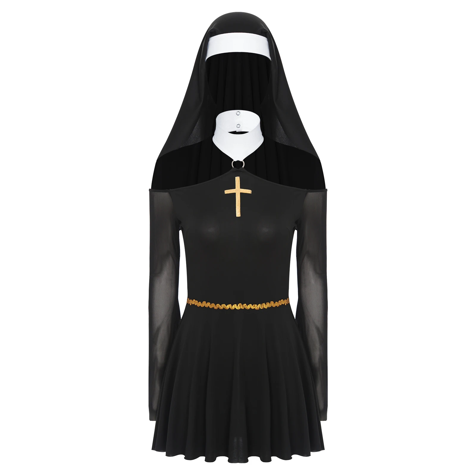 Womens Sexy Nun Cosplay Costume Lingerie Gothic Maid Nun Evil Dress with Headscarf Halloween Party Naughty Nun Roleplay Outfits