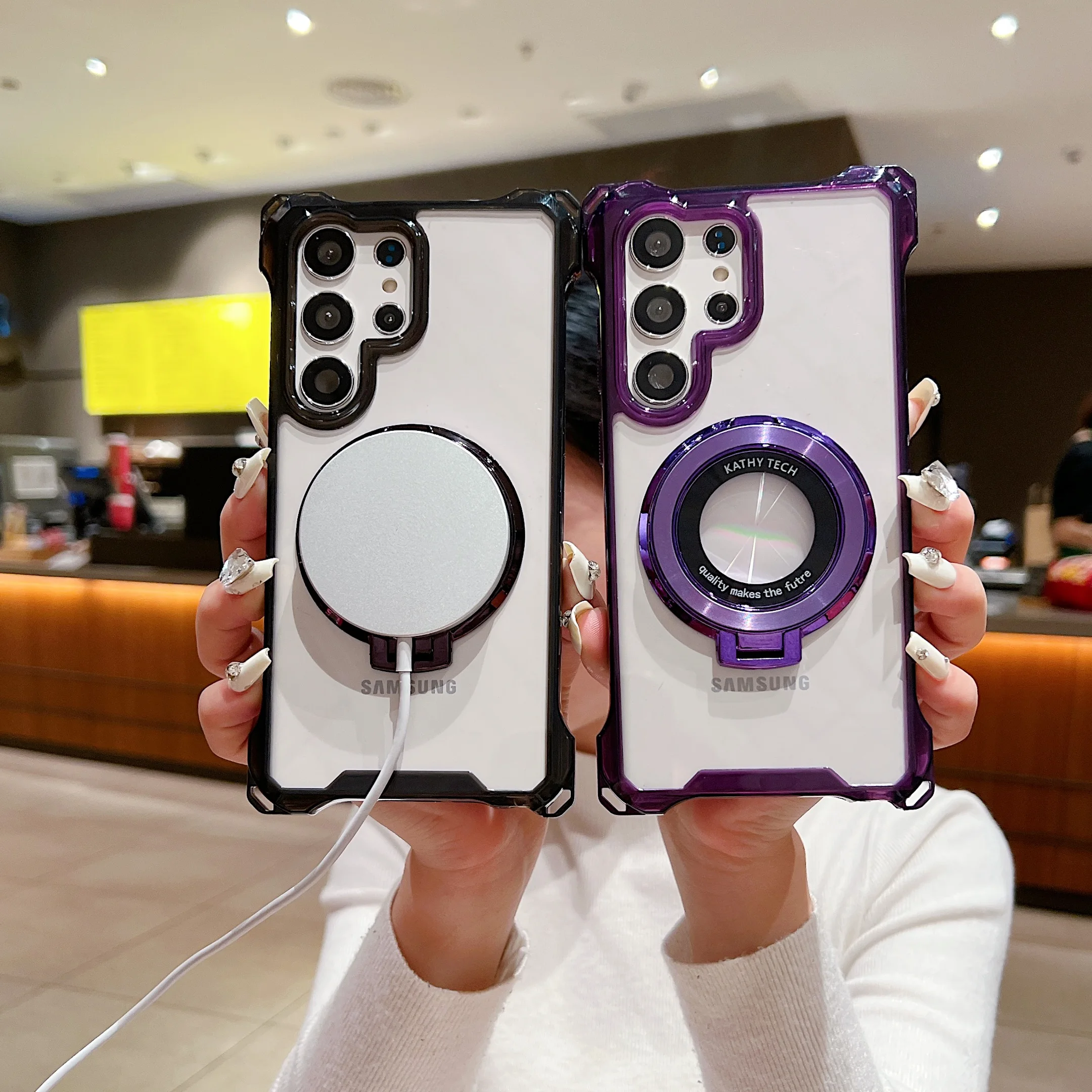 AirBag Magnetic Bracket Case For Samsung Galaxy S24 Ultra S23 Plus Folding Holder Cover For Samsung S23 Transparent Hard Case