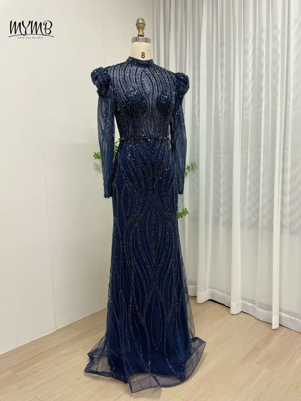 Mymb muslimischen hohen Hals lange Ärmel elegante Mutter der Braut Kleider atember aubende Meerjungfrau Perlen Abendkleider für Frauen Party – Detail 6