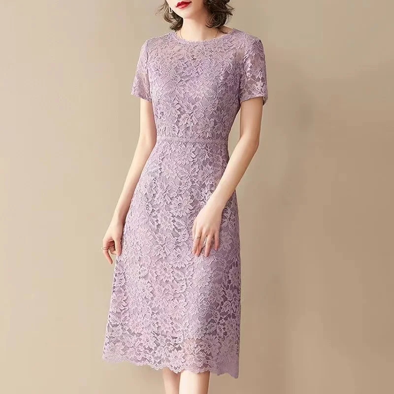 

2023 Summer Women Purple Short Sleeve High Waisted Lace Dress , Woman Elegant 3xl Dresses