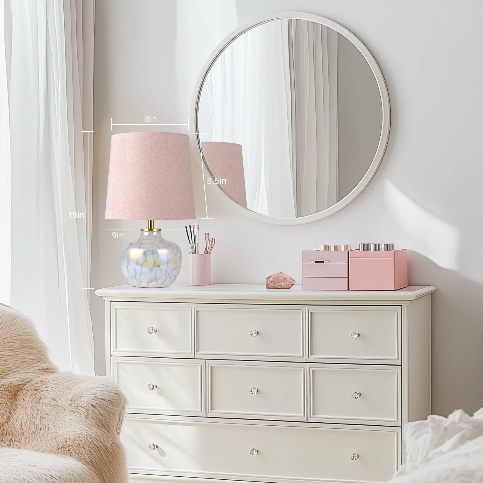 15" Blush Pink Hand-Blown Glass Table Lamp with Velvet Shade, Small Accent Lamp For Girls Bedroom Nightstand, Kitchen Counter 6