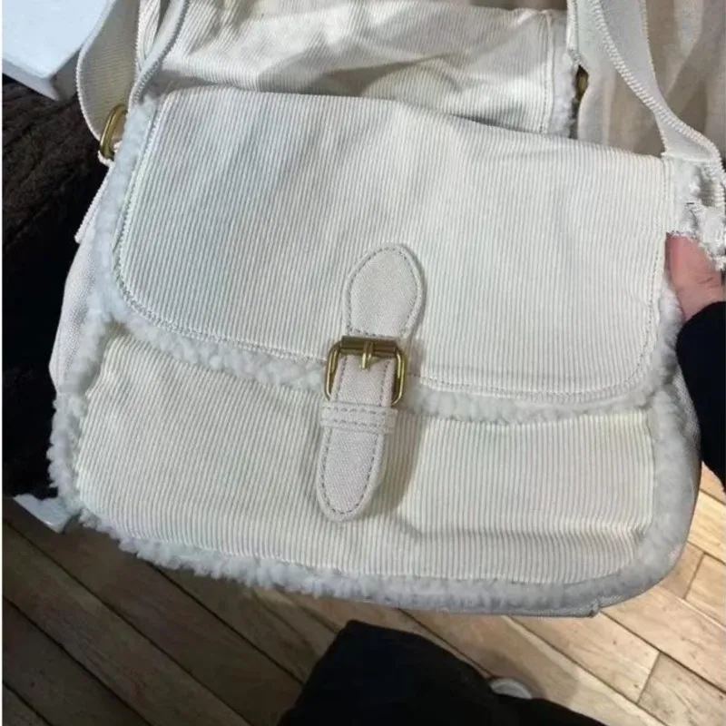 Beige Corduroy Plush Tote Bag Women Sweet Cute Square Large Capacity Shoulder Bags Ladies Casual Commute Versatile Crossbody Bag