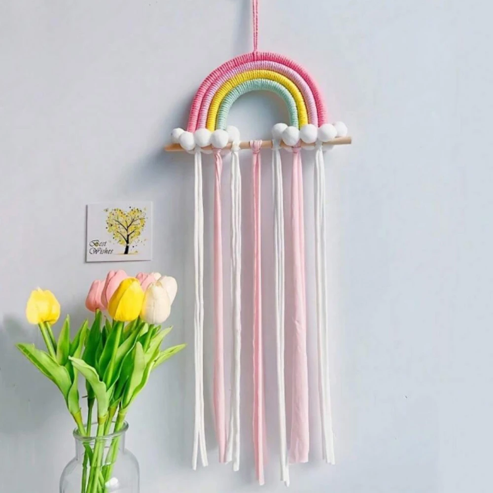 Accessori per capelli Portaoggetti da appendere, Decorazione da parete, Cintura portaoggetti per fiocchi per capelli, Supporto per accessori per forcine per bambini arcobaleno intrecciato - immagine 4