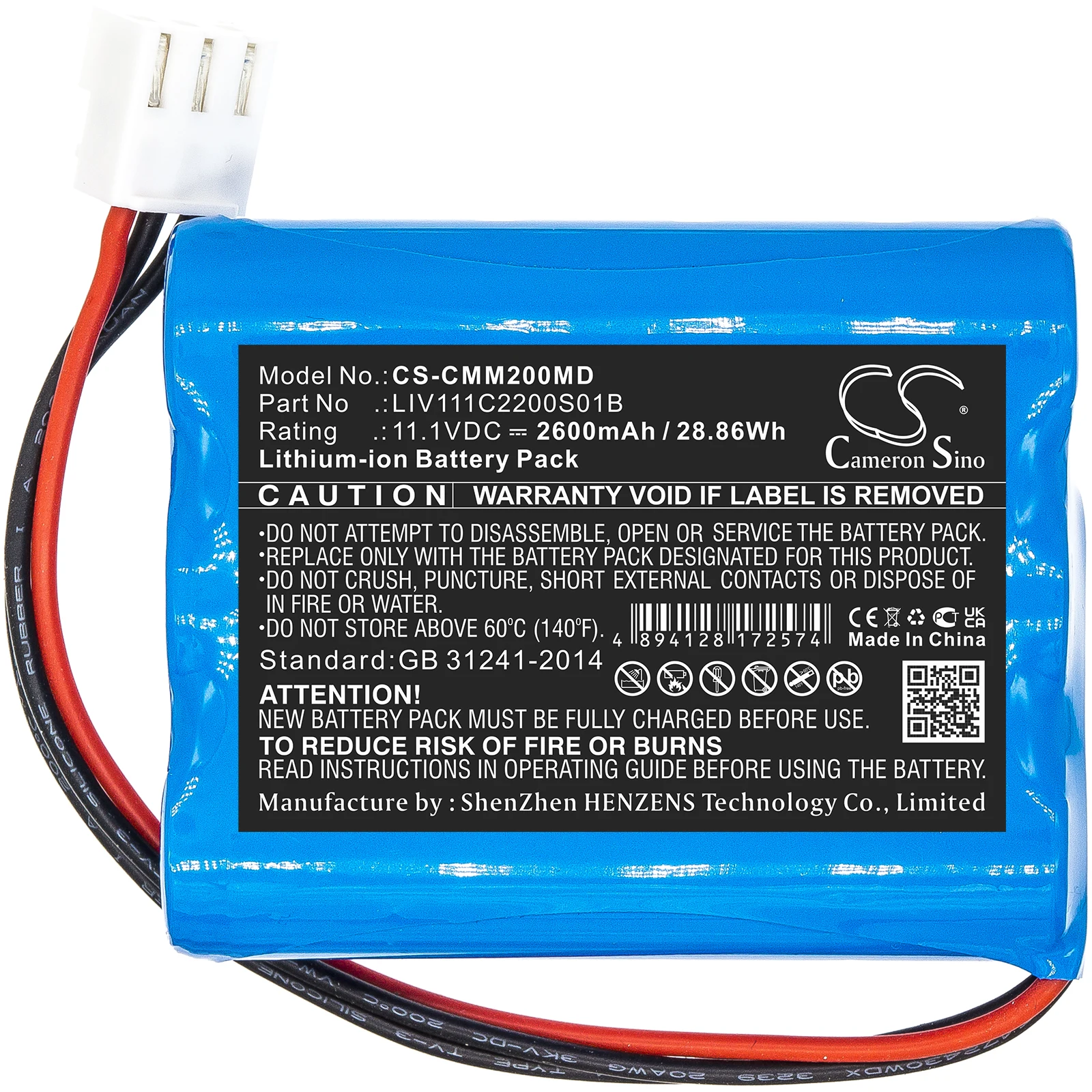 

Medical Battery For COMEN 022-000066-00 022-000113-00 LIV111C2200S01B M2000A Li-ion 11.10V 2600mAh / 28.86Wh Blue