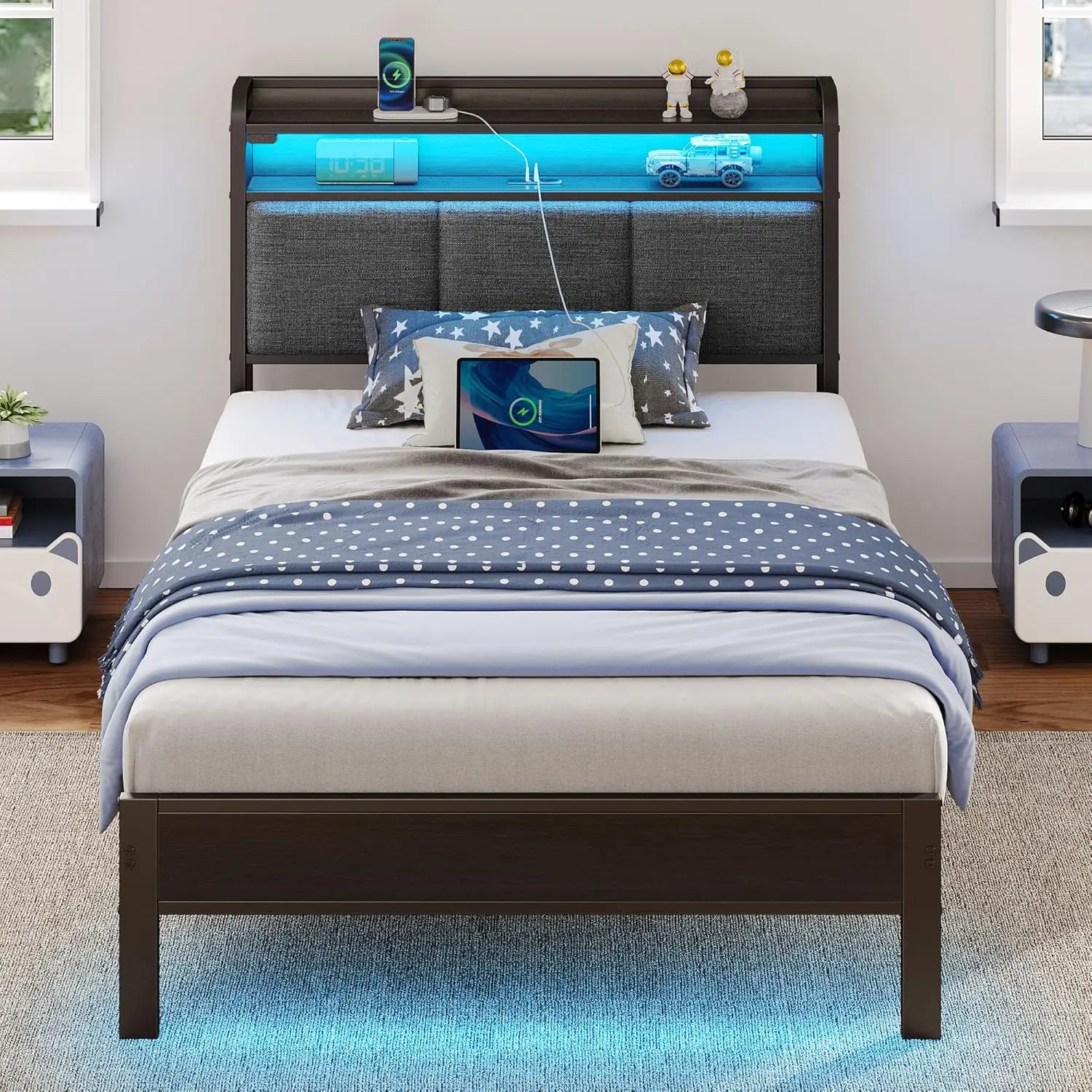 Bed Frame Twin Size with Charging Station and LED Lights, Upholstered Headboard with Storage Shelves, Heavy Duty Metal