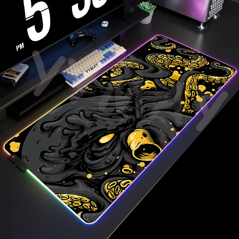 thumbnail image 1 of Alfombrillas de ratón LED para videojuegos, diseño de pulpo, alfombrilla de escritorio con retroiluminación grande, 39,3x19,6 pulgadas, alfombrilla para jugador RGB, alfombrilla luminosa para ratón, 1 of 4