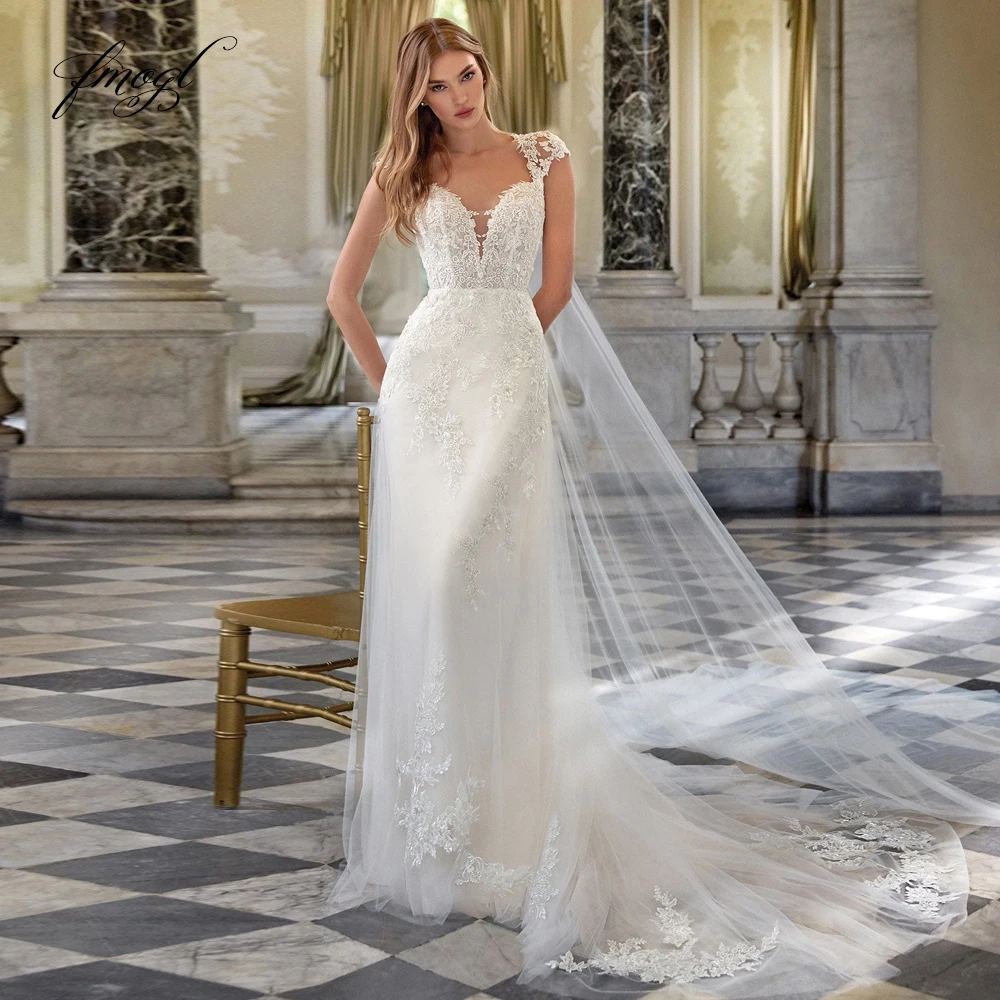 

Fmogl Sexy Sweetheart Backless Vintage Mermaid Wedding Dresses Luxury Cap Sleeve Appliques Court Train Trumpet Bridal Gown