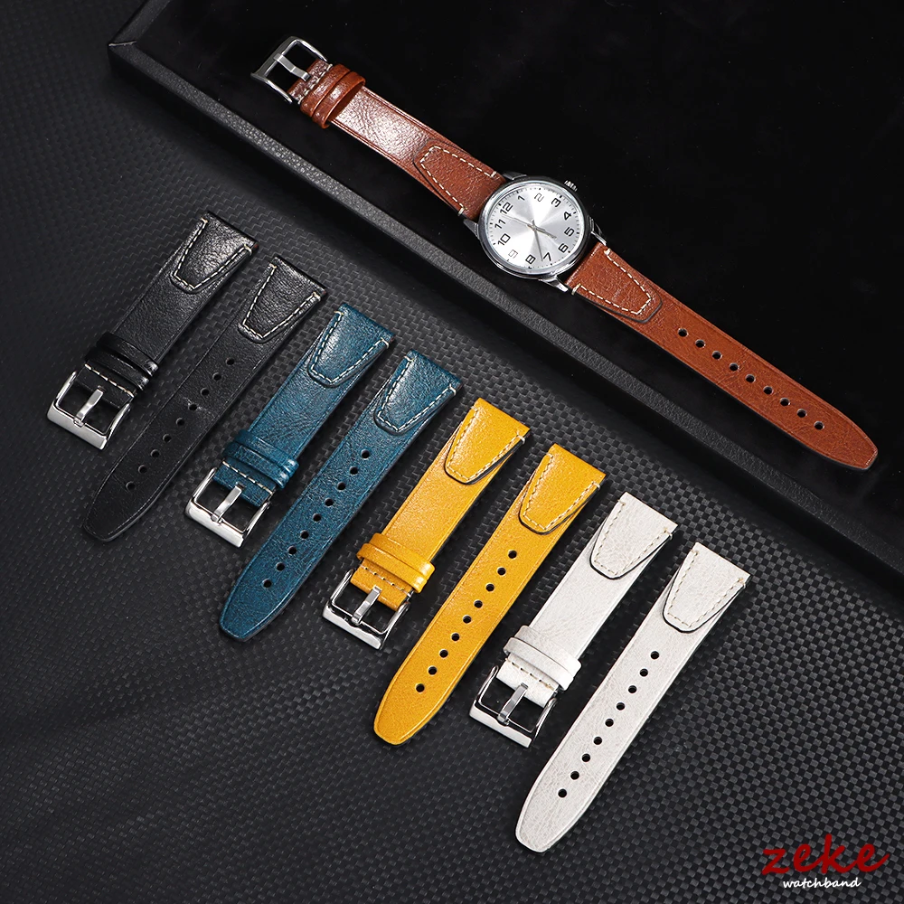 Vintage Oil Wax Leather Watchband with Stitching in Brown