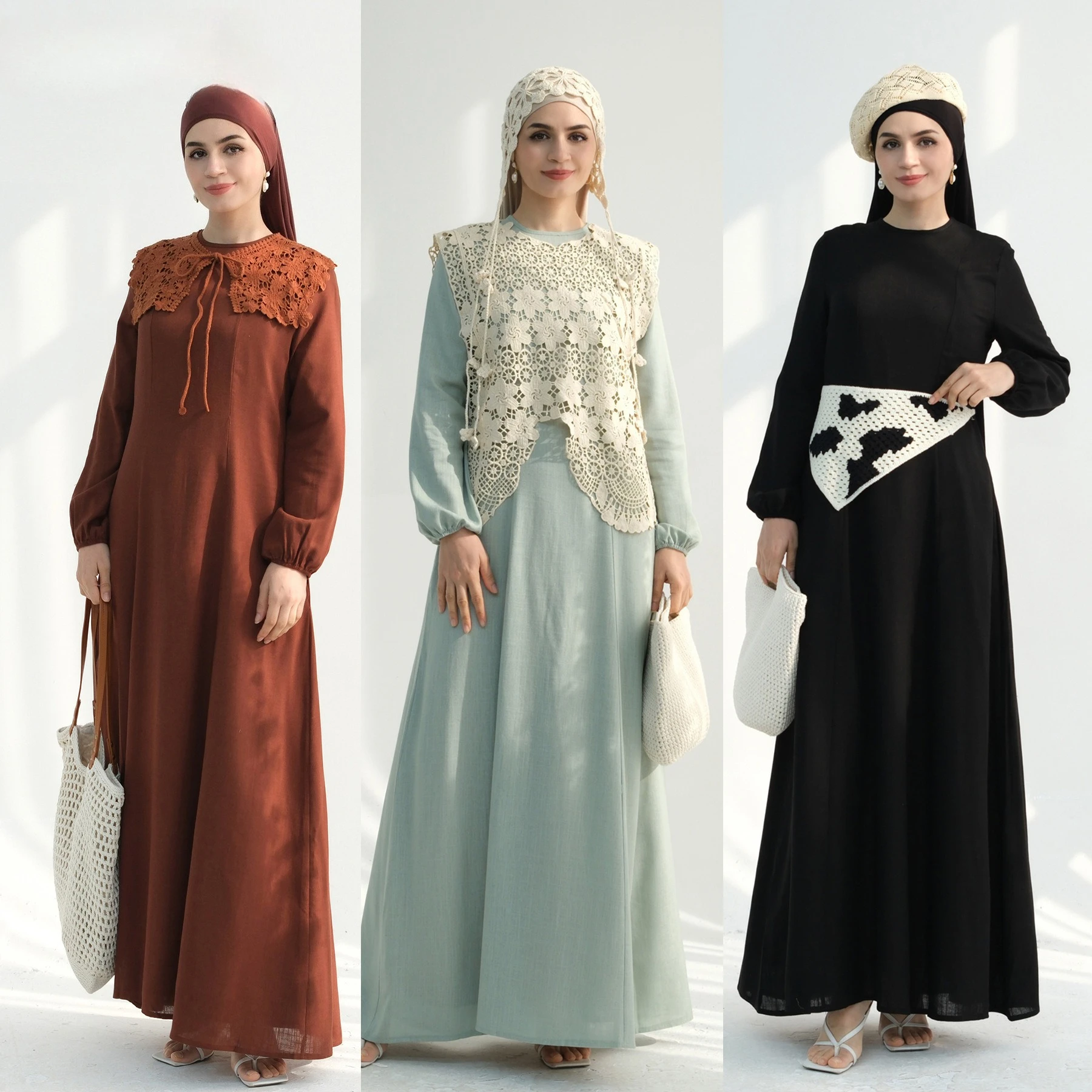 Eid Women Cotton Liene Solid Dress Abaya Muslim Jalabiya Ramadan ...