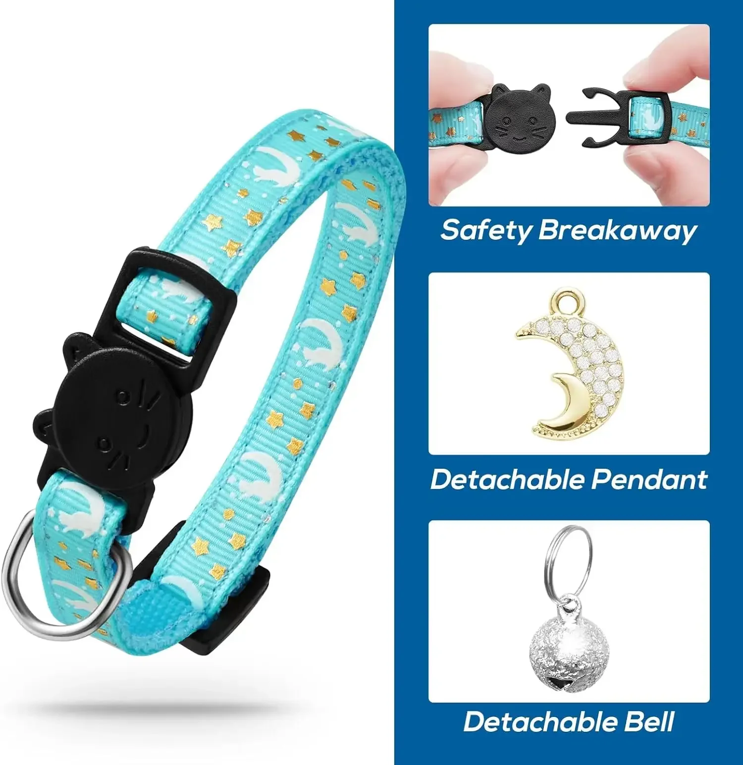 Collares Para Gato Con Lunas Y Estrellas - Pack De 4, Ajustables 18-30 Cm, Brillo En La Oscuridad, Incluye Campana