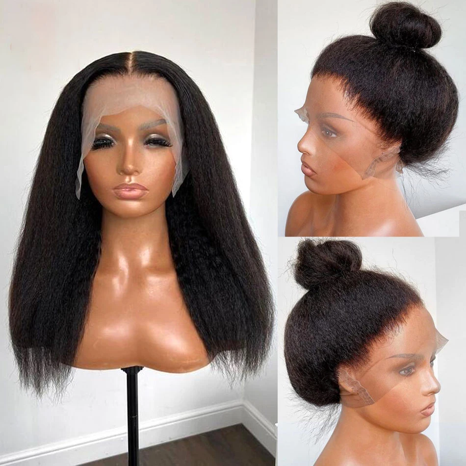 

Glueless Preplucked 26Inch Long 180%Density Natural Black Yaki Kinky Straight Lace Front Wig BabyHair Heat Temperature Daily