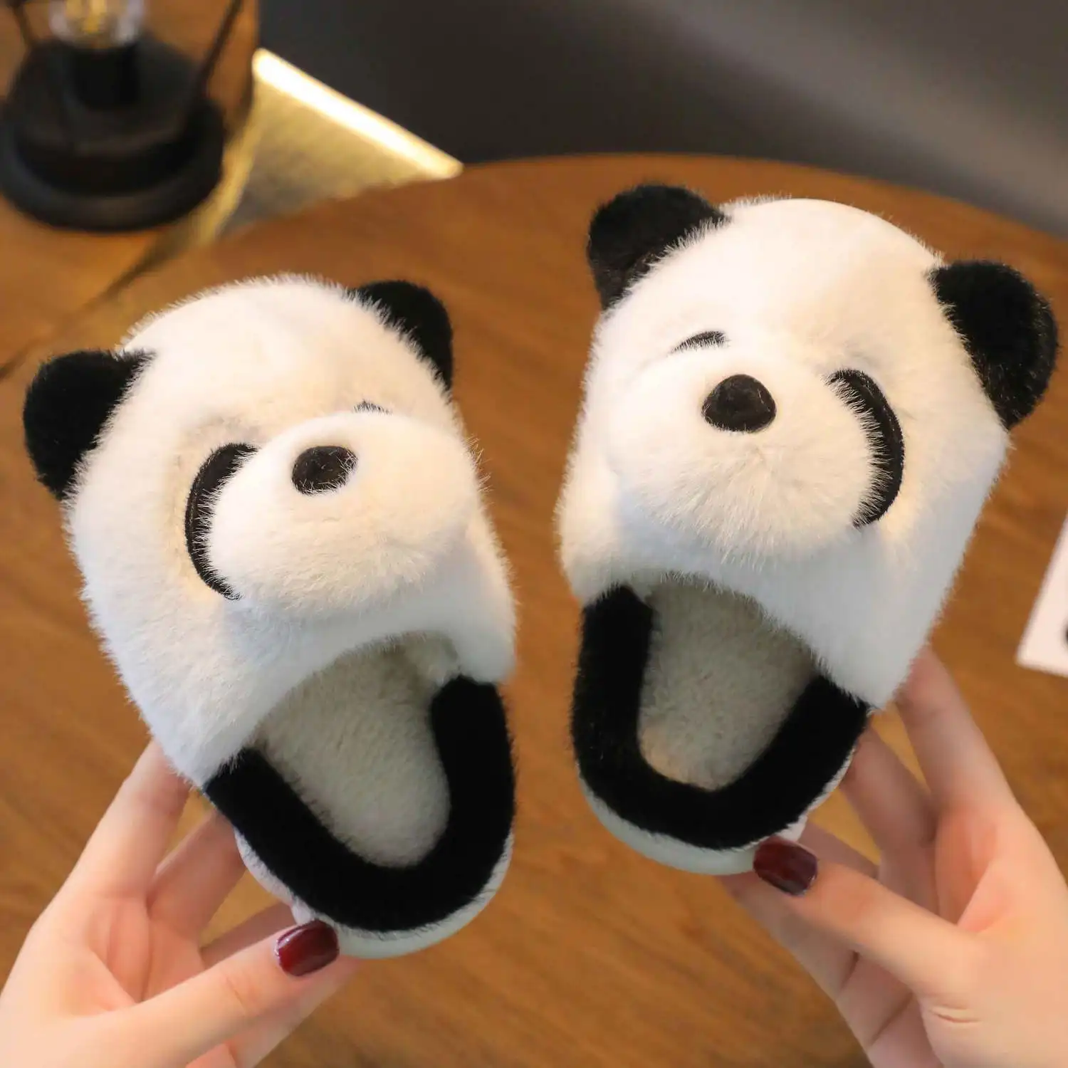 New cute panda slippers children's designer kids funny slides indoor home shoes boy girl furry mules winter warm house shoes