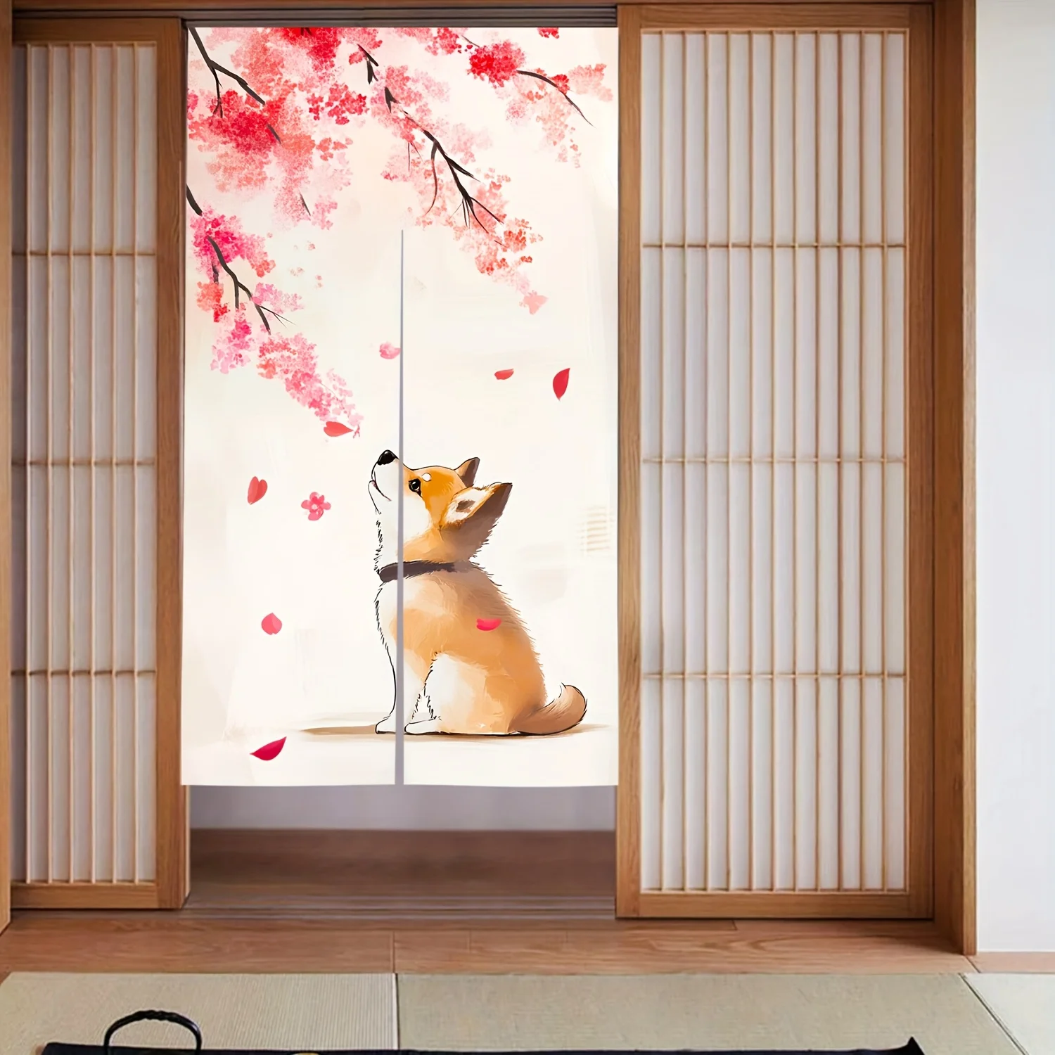 1 PC น่ารัก Shiba Inu & Cherry Blossom Noren ผ้าม่านตกแต่งบ้านญี่ปุ่นสําหรับห้องนอนห้องครัว, faux ผ้าลินิน Art Partition Vibrant 1