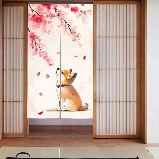 1 PC น่ารัก Shiba Inu & Cherry Blossom Noren ผ้าม่านตกแต่งบ้านญี่ปุ่นสําหรับห้องนอนห้องครัว, faux ผ้าลินิน Art Partition Vibrant 1
