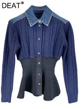  DEAT Personality Women's Sweater Coat Lapel Thin Contrast Stitching Waist Closed Knit Denim Jackets Female Autumn 2023  3T789 